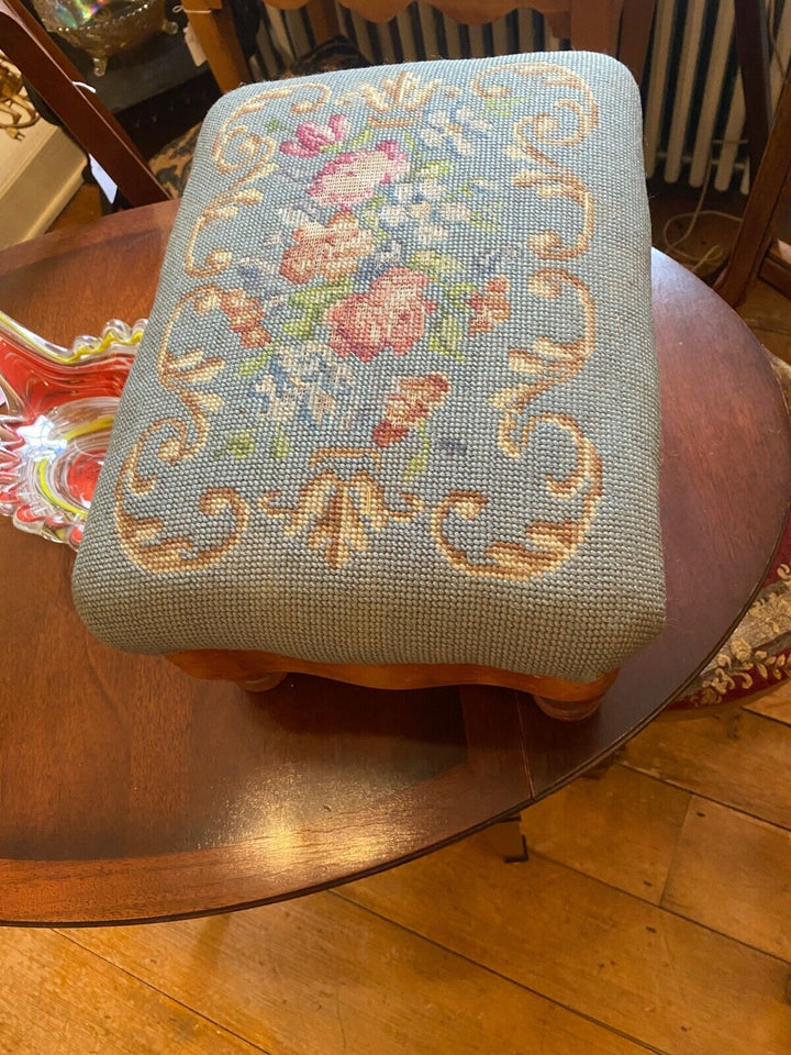 Antique Victorian Foot Stool  Mahogany Floral NEEDLEPOINT Upholstered Wood Frame