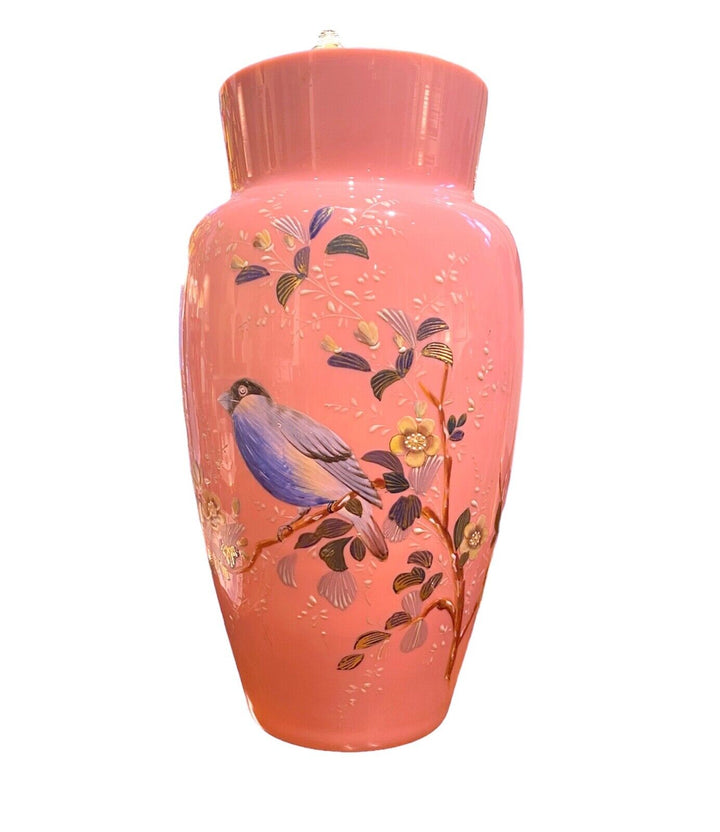 Antique Victorian Bristol Glass Vase 11" Hand Painted Enamel Flower Blue Bird