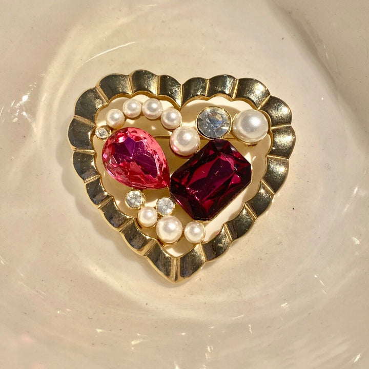 Pink Rhinestone and Pearl  Gold Tone Vintage Heart Pin Brooch