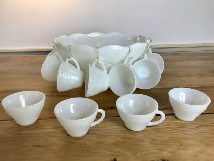 VINTAGE MILK GLASS PUNCH BOWL SET 12 CUPS GRAPE PATTERN BY ANCHOR HOCKING
