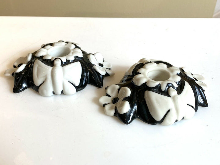 STANGL or Fulper PAIR OF BLACK & WHITE POTTERY BUTTERFLY CANDLE HOLDERS