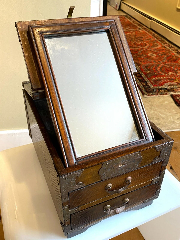 VINTAGE WOOD VANITY CHEST WITH FOLDOUT MIRROR AND DRAWERS